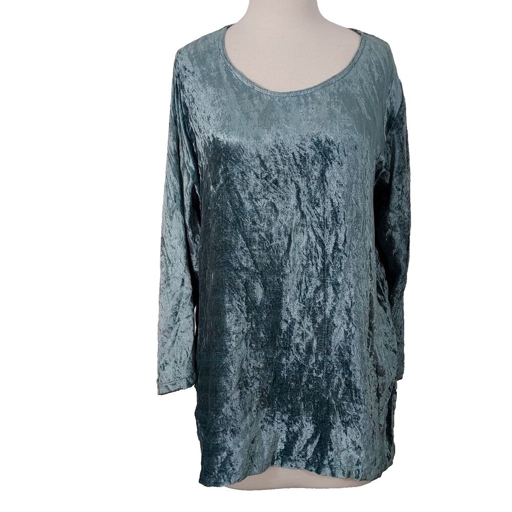 Indira Crushed Velvet Tunic Top Womens Size Large Boho Blue Long Sleeve Pullover